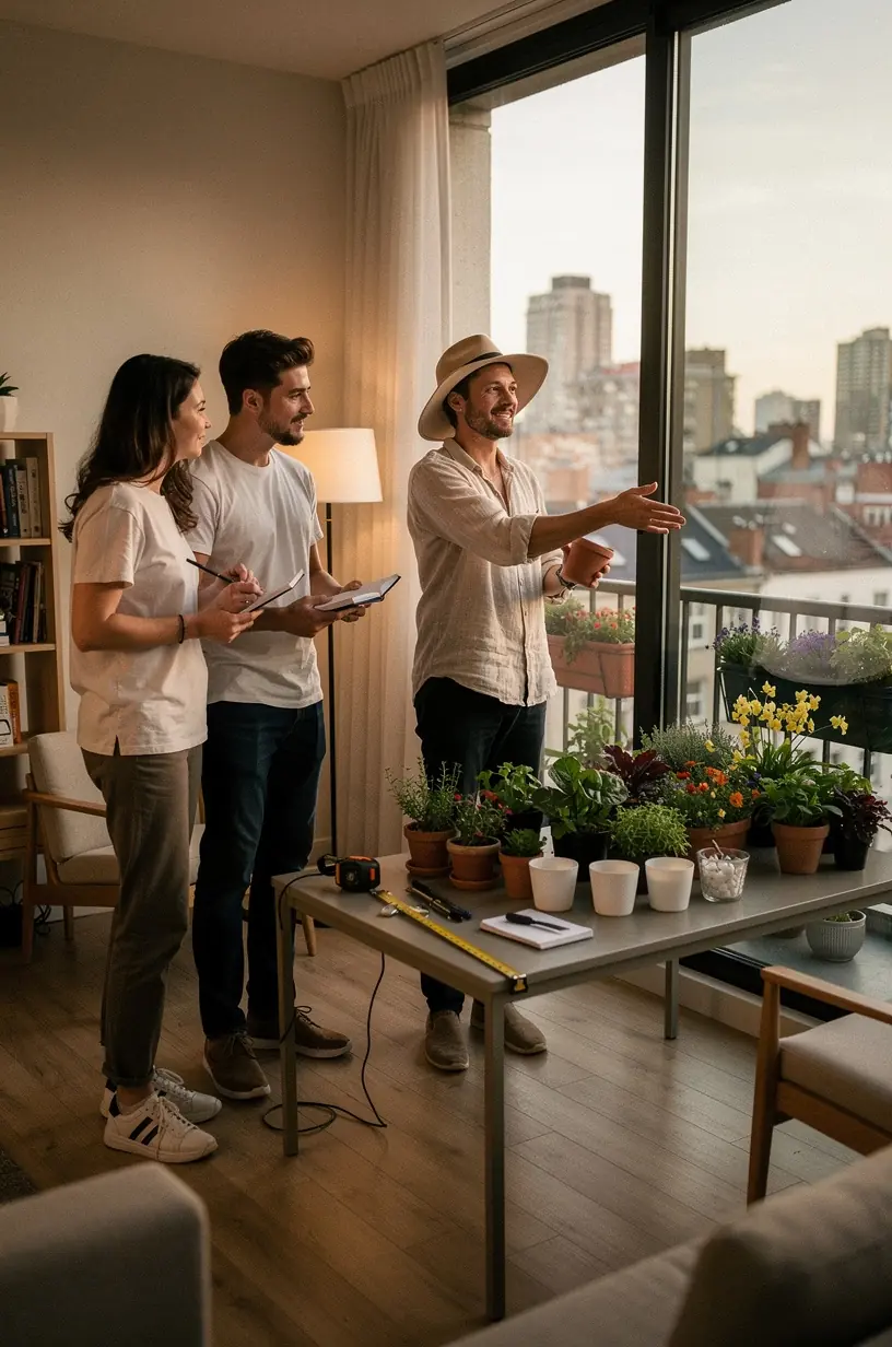 Vertical garden setup with urban gardening equipment.